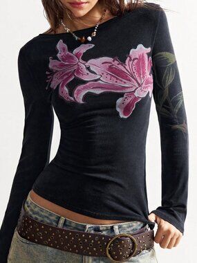 Black Casual Women's Boho Floral Graphic Knit One-Shoulder Long Sleeve T-Shirt